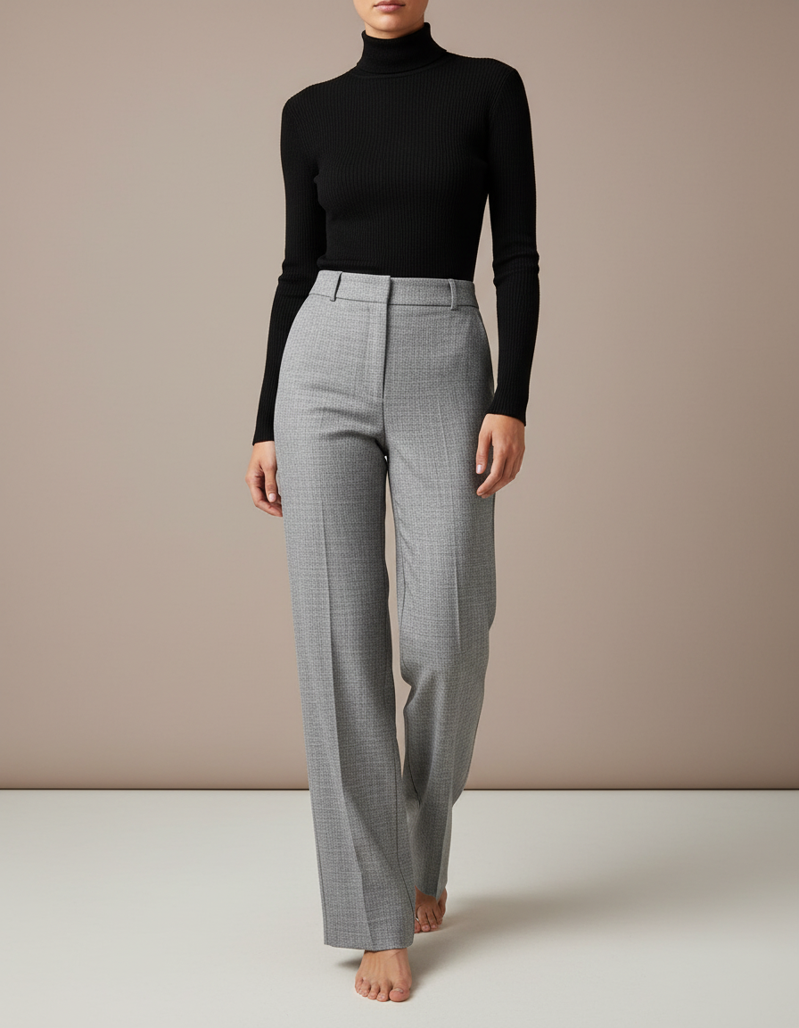 Pantalon Gris Taille Haute Droit Élégant Femme - Laine