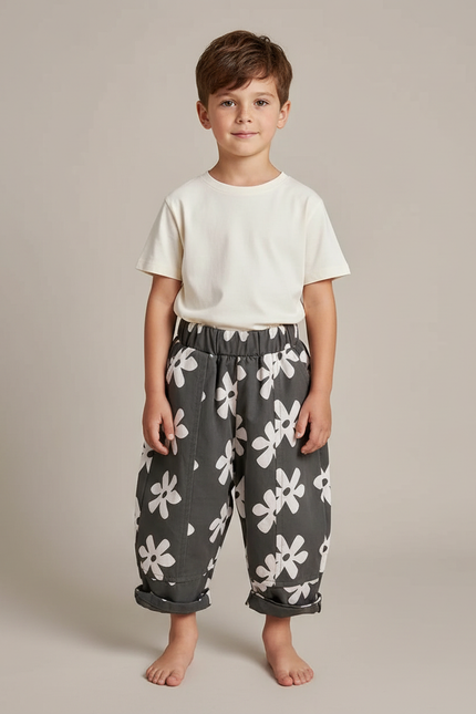 Pantalon Gris Fleur Casual Coton Harem Enfant