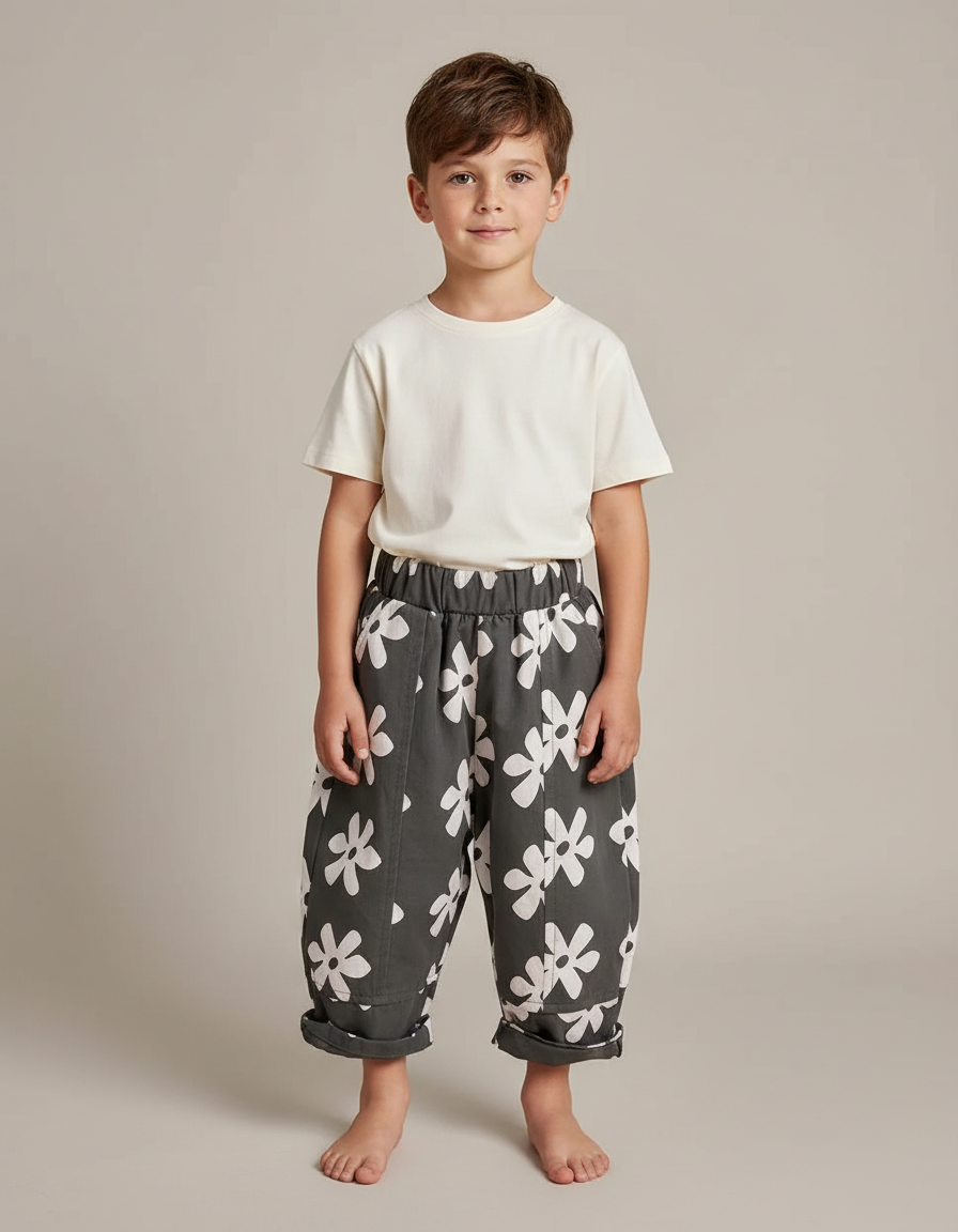 Pantalon Gris Fleur Casual Coton Harem Enfant