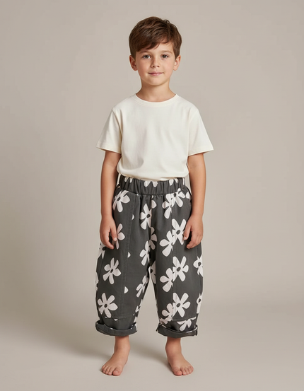Pantalon Gris Fleur Casual Coton Harem Enfant