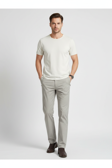 Pantalon Gris Coton Stretch Coupe Droite Décontracté