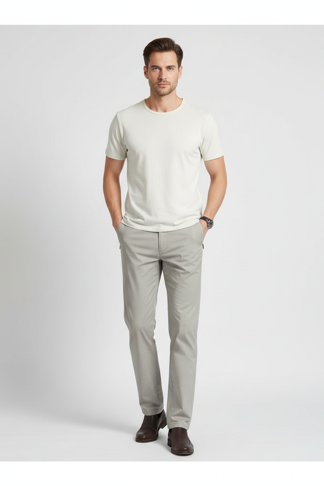 Pantalon Gris Coton Stretch Coupe Droite Décontracté
