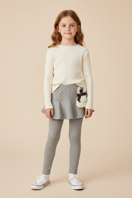 Pantalon Gris Legging Jupe Volantée Confortable Fille - Maille