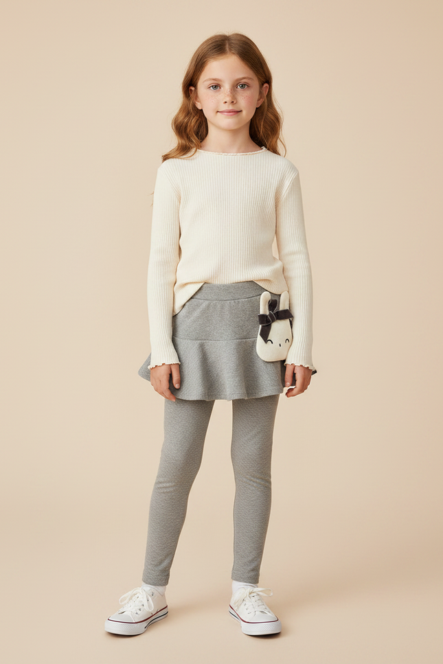 Pantalon Gris Legging Jupe Volantée Confortable Fille - Maille
