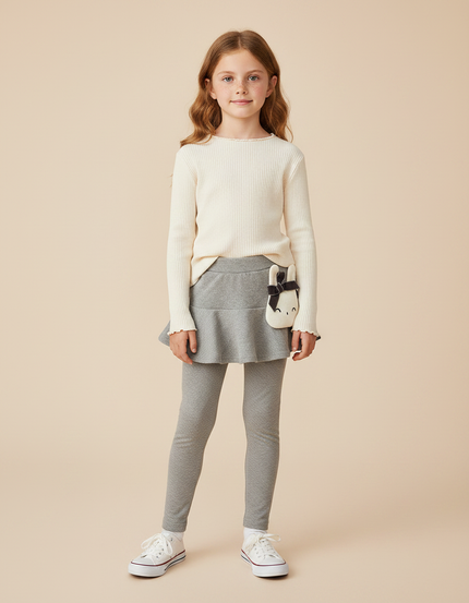 Pantalon Gris Legging Jupe Volantée Confortable Fille - Maille
