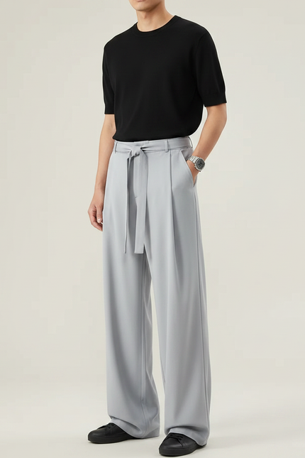 Pantalon Gris Ample Fluide Décontracté Ceinturé Homme - Polyester