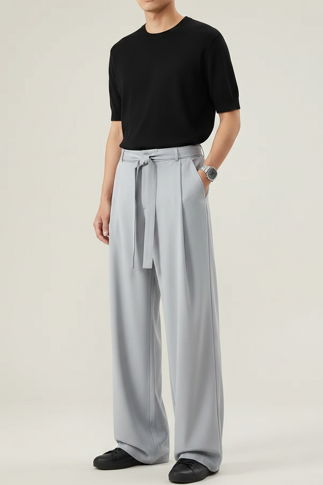 Pantalon Gris Ample Fluide Décontracté Ceinturé Homme - Polyester