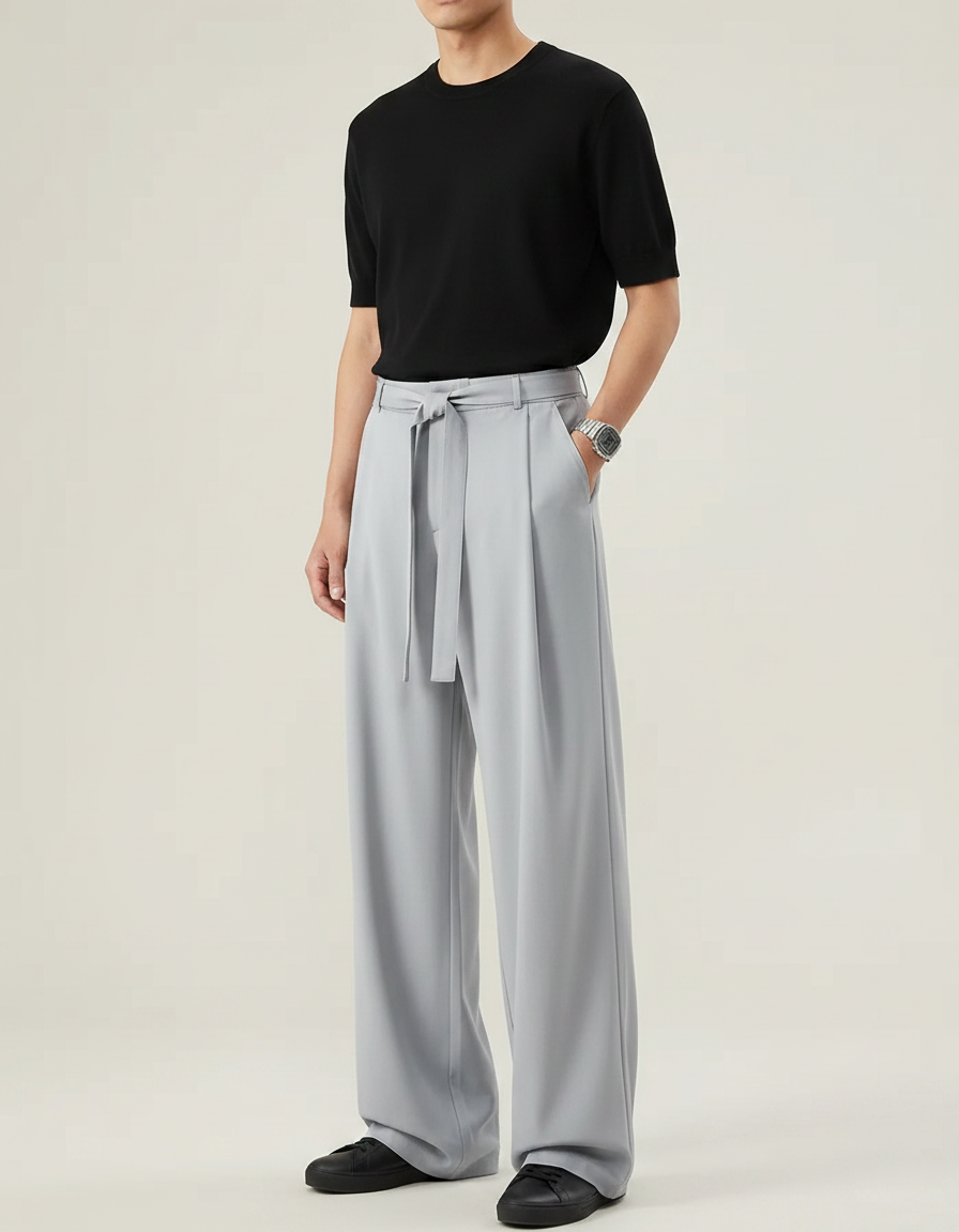 Pantalon Gris Ample Fluide Décontracté Ceinturé Homme - Polyester