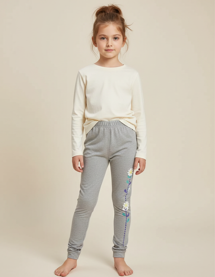 Pantalon Gris Coton Imprimé Fleurs Skinny Fille - Molleton