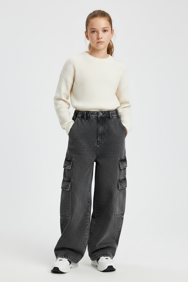 Pantalon Gris Cargo Ample Denim Fille - Jean