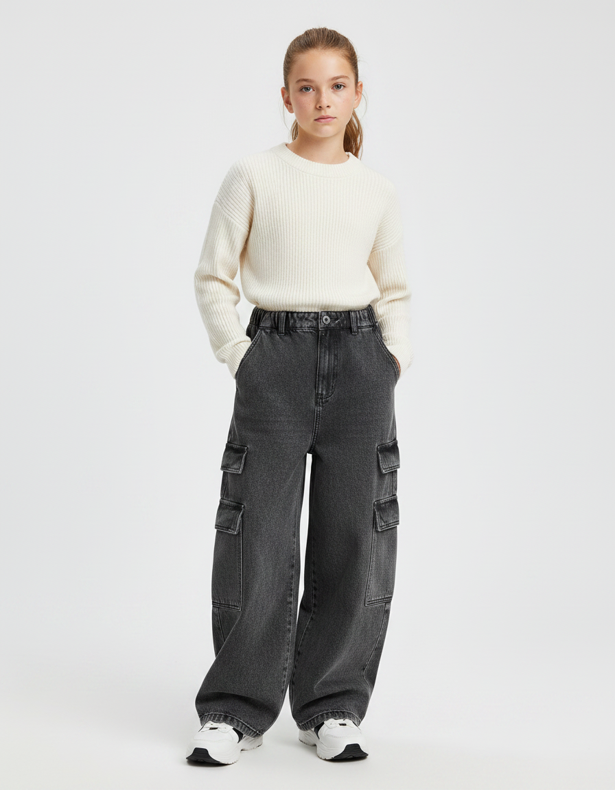 Pantalon Gris Cargo Ample Denim Fille - Jean