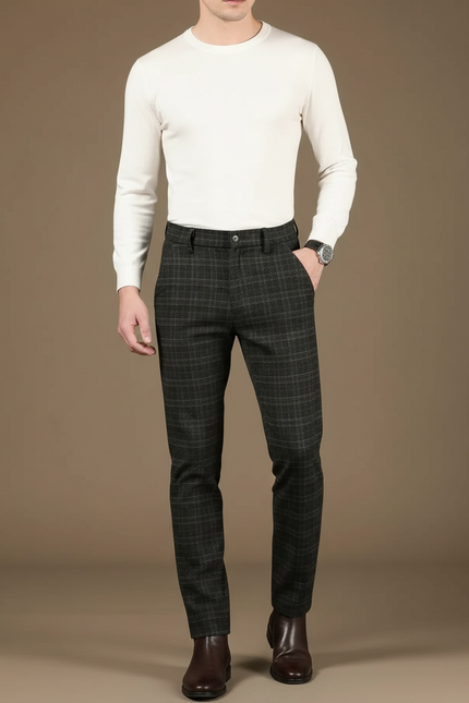 Pantalon Gris À Carreaux Élégant Droit Homme - Tweed