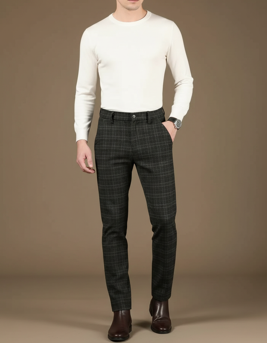 Pantalon Gris À Carreaux Élégant Droit Homme - Tweed