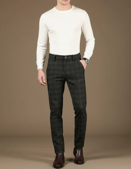 Pantalon Gris À Carreaux Élégant Droit Homme - Tweed