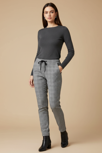 Pantalon Gris À Carreaux Slim Décontracté Femme - Maille
