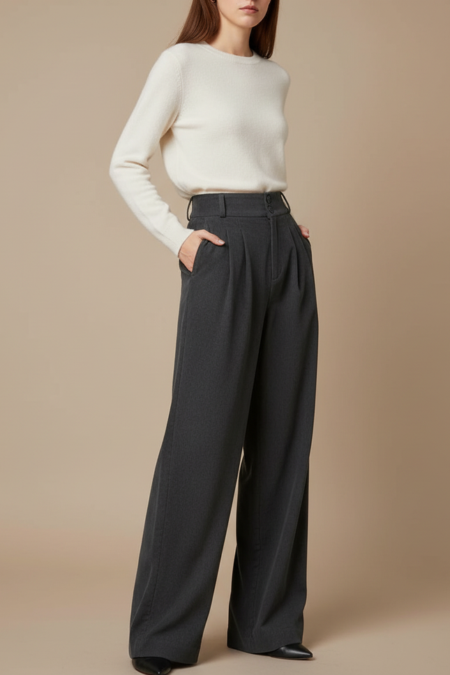 Pantalon Gris Plissé Ample Chic Taille Haute Femme - Laine