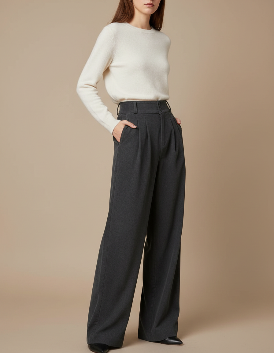 Pantalon Gris Plissé Ample Chic Taille Haute Femme - Laine
