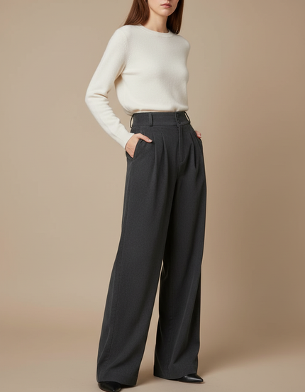 Pantalon Gris Plissé Ample Chic Taille Haute Femme - Laine