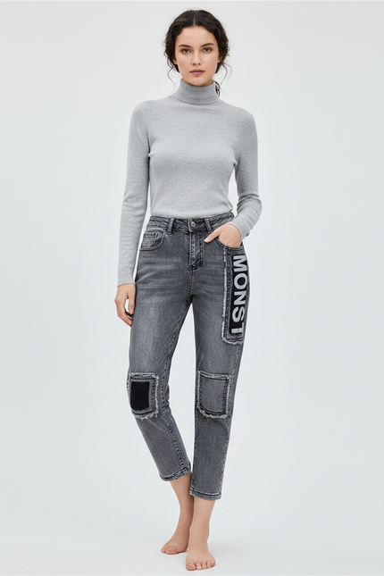 Pantalon Gris Jean Décontracté Patchwork Imprimé Femme