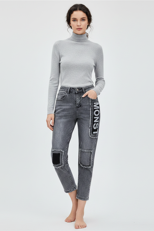 Pantalon Gris Jean Décontracté Patchwork Imprimé Femme