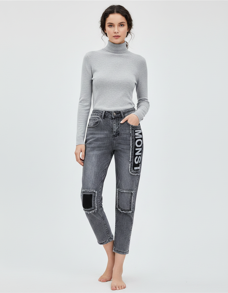 Pantalon Gris Jean Décontracté Patchwork Imprimé Femme
