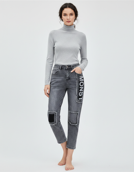Pantalon Gris Jean Décontracté Patchwork Imprimé Femme