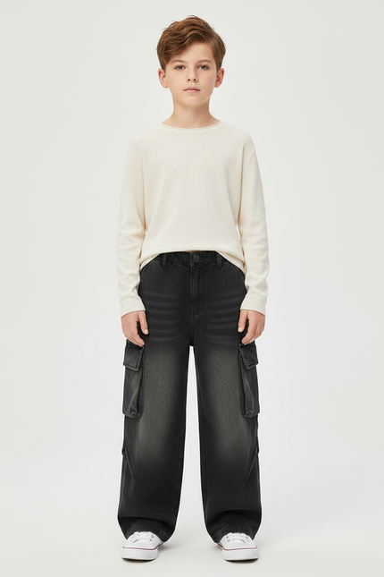Pantalon Gris Cargo Ample Décontracté Garçon Denim - Jean