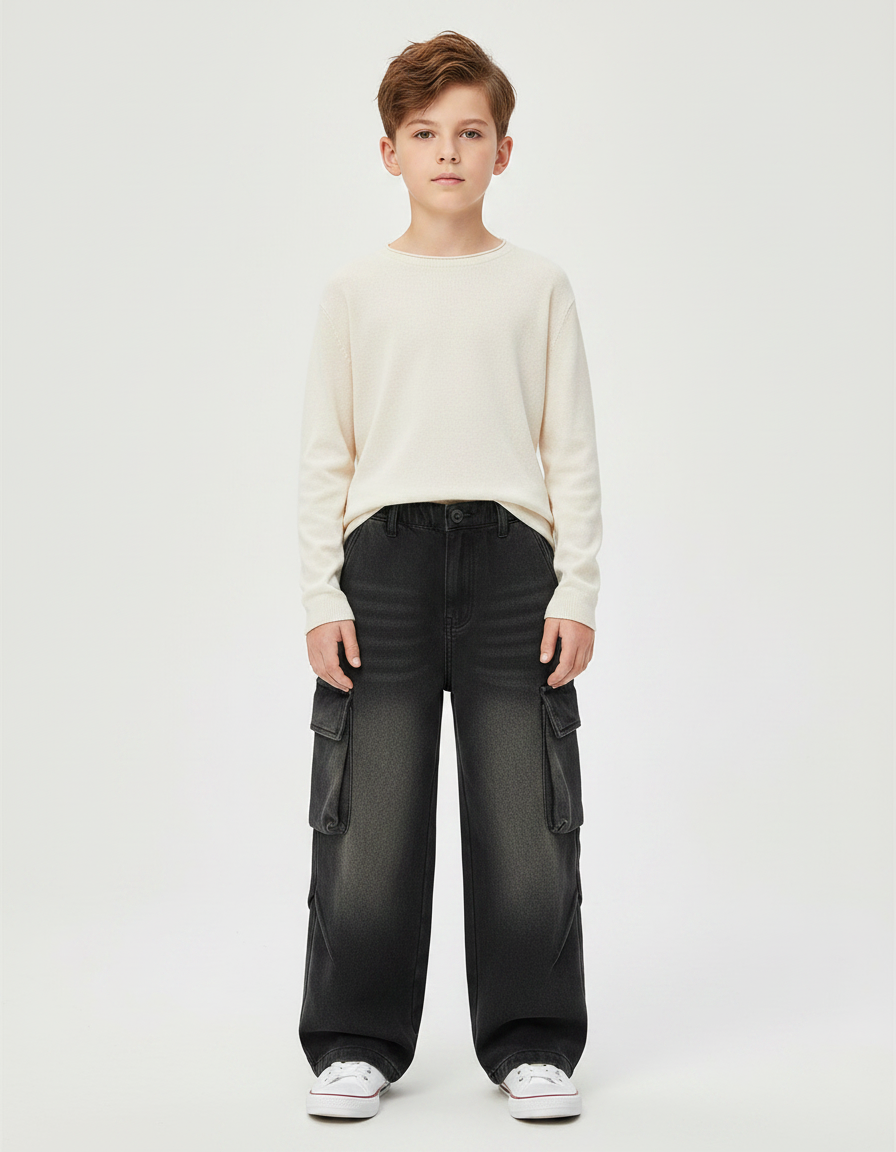 Pantalon Gris Cargo Ample Décontracté Garçon Denim - Jean