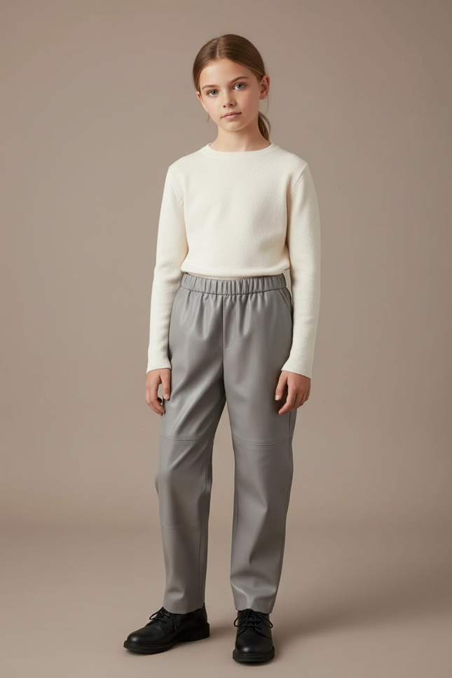 Pantalon Gris Simili Cuir Ample Élastique Femme