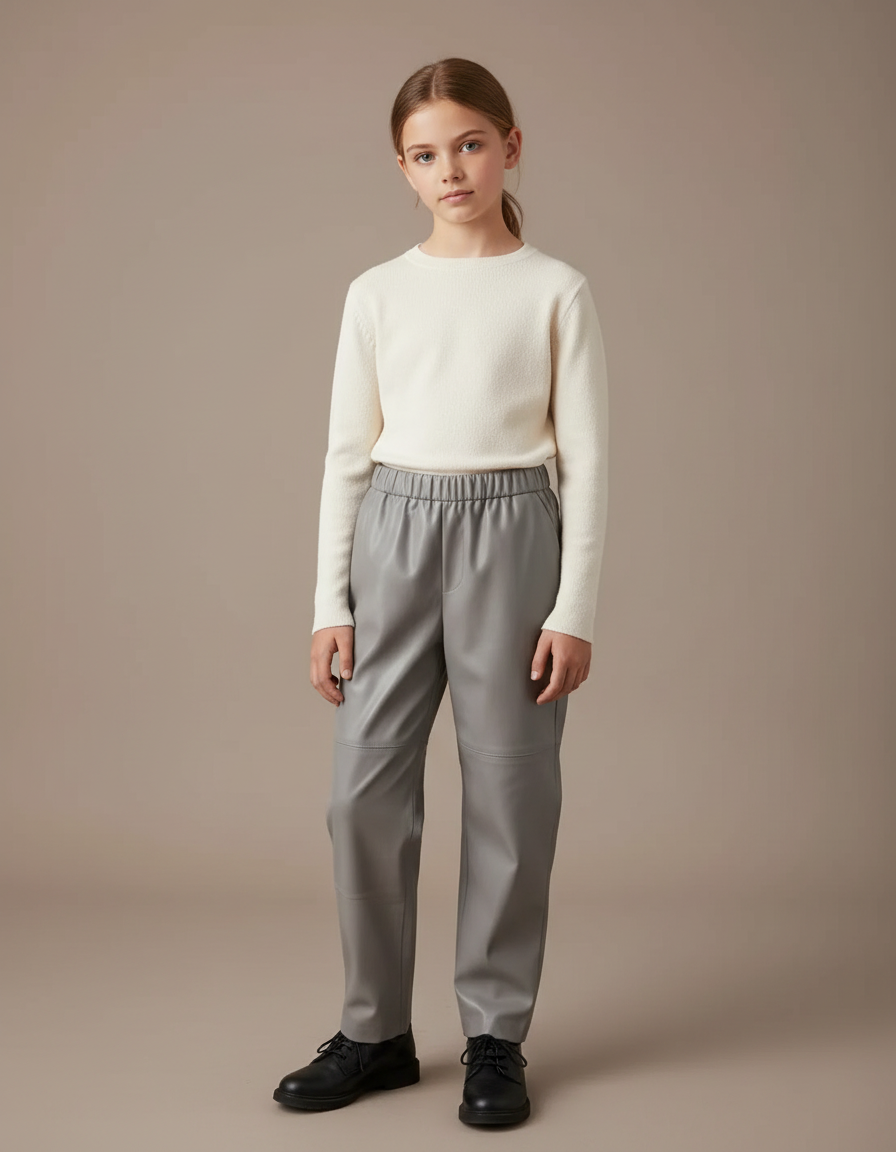 Pantalon Gris Simili Cuir Ample Élastique Femme