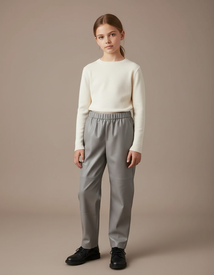 Pantalon Gris Simili Cuir Ample Élastique Femme