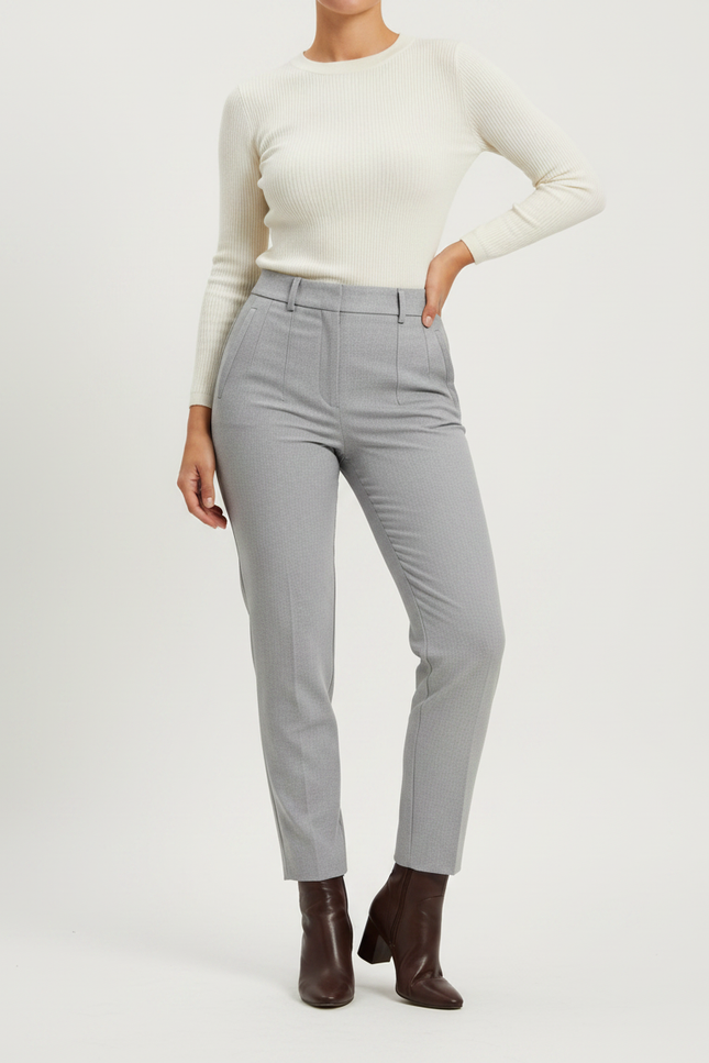 Pantalon Gris Taille Haute Slim Habillé Femme - Gabardine