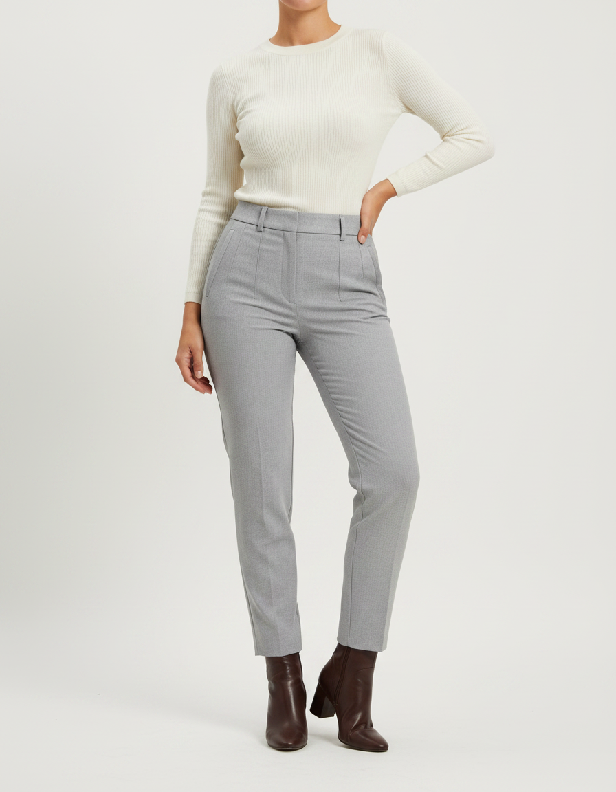 Pantalon Gris Taille Haute Slim Habillé Femme - Gabardine