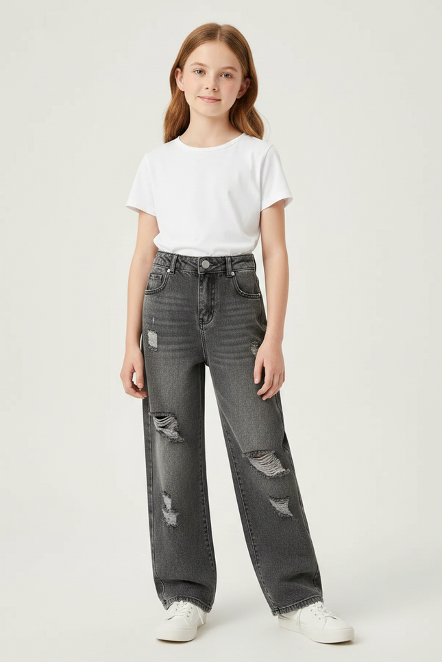 Pantalon Gris Ample Déchiré Décontracté Fille - Jean