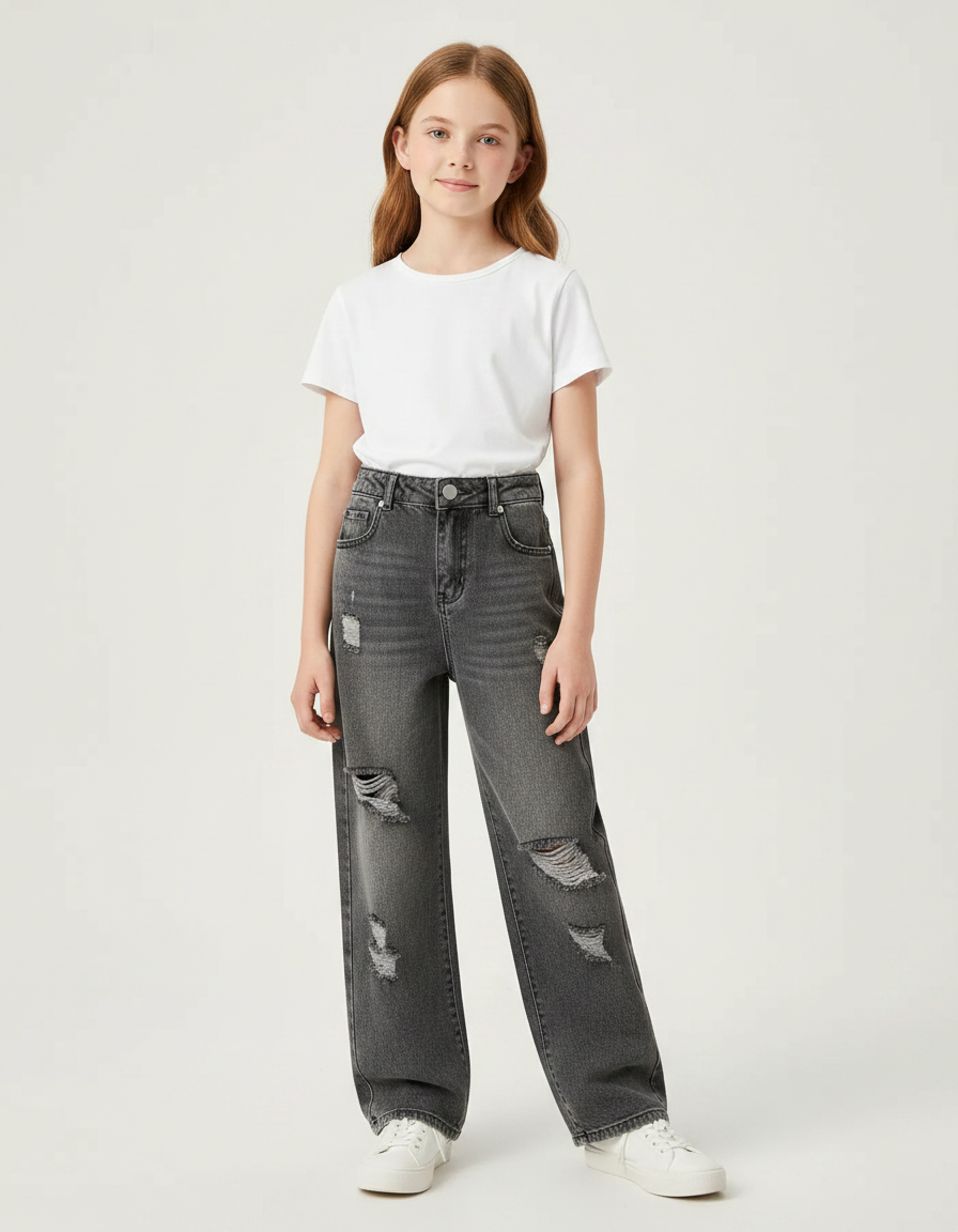 Pantalon Gris Ample Déchiré Décontracté Fille - Jean