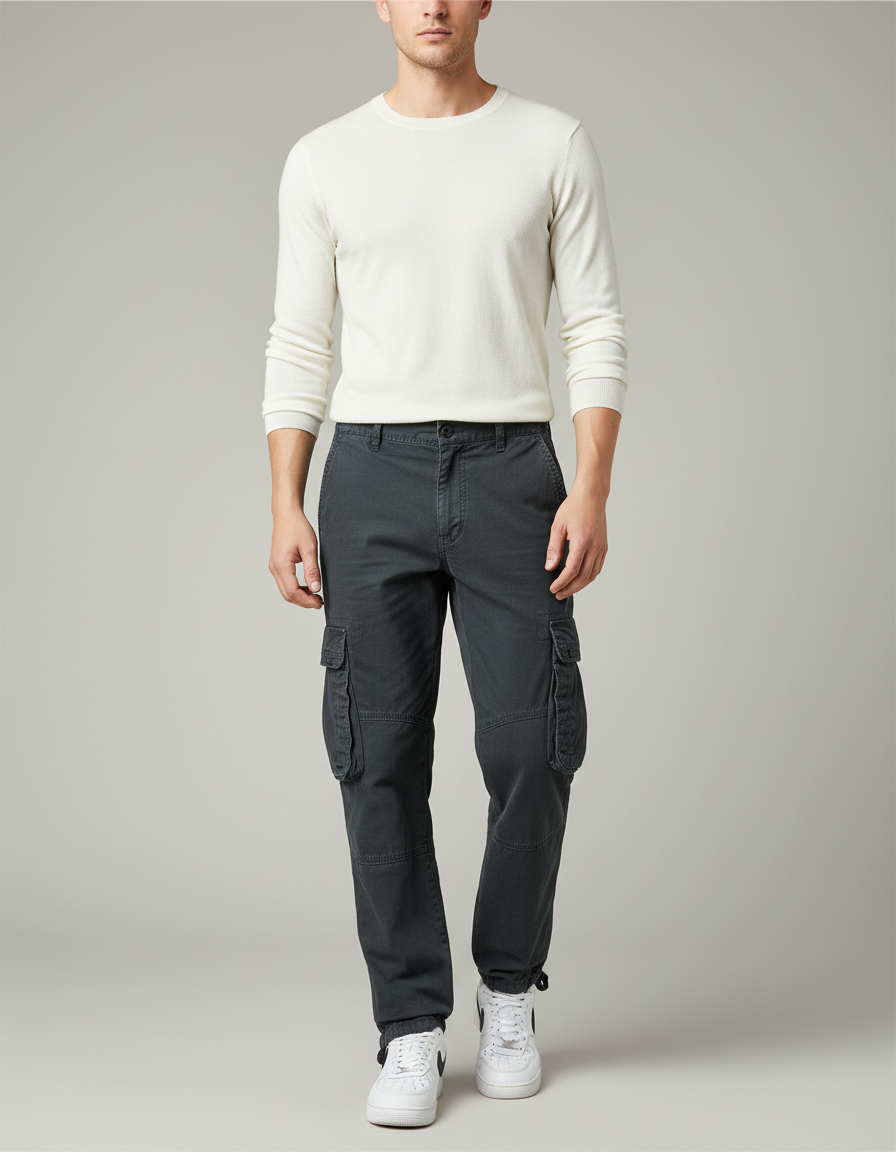 Pantalon Gris Cargo Décontracté Homme Coton Multi-poches