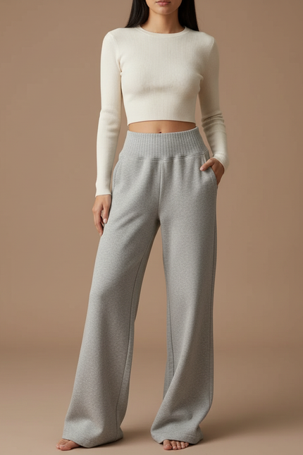 Pantalon Gris Ample Molletonné Taille Haute Femme