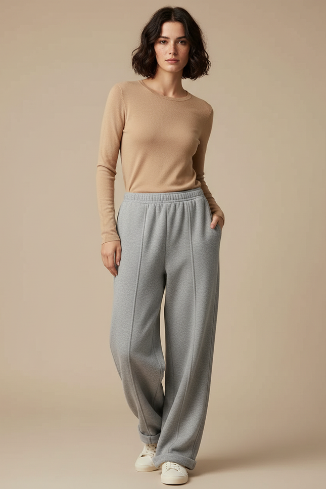 Pantalon Gris Large Molletonné Confortable Femme