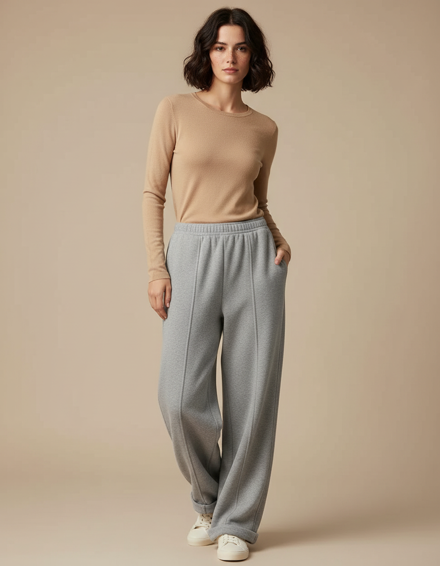 Pantalon Gris Large Molletonné Confortable Femme