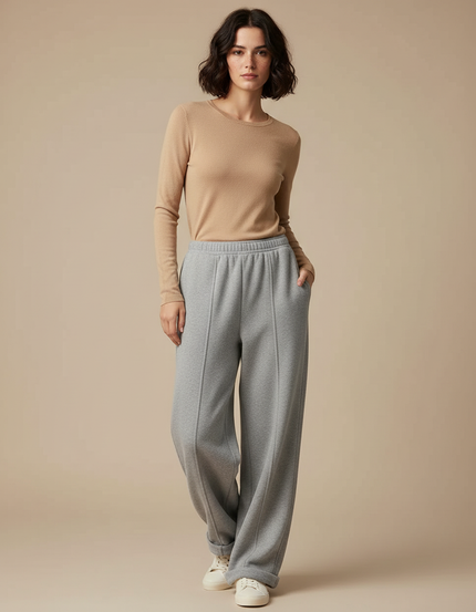 Pantalon Gris Large Molletonné Confortable Femme