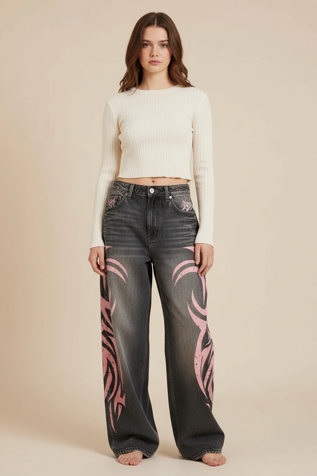 Pantalon Gris Baggy Imprimé Tribal Rose Y2K - Jean