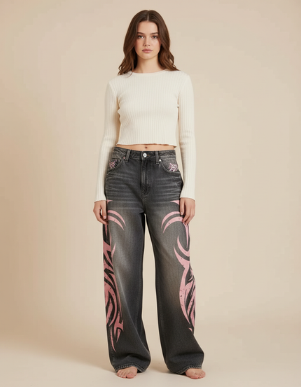 Pantalon Gris Baggy Imprimé Tribal Rose Y2K - Jean