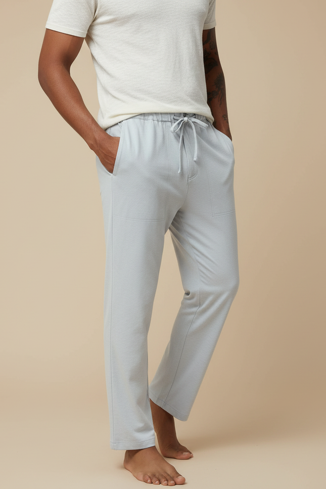 Pantalon Gris Lin Coton Ample Décontracté Cordon