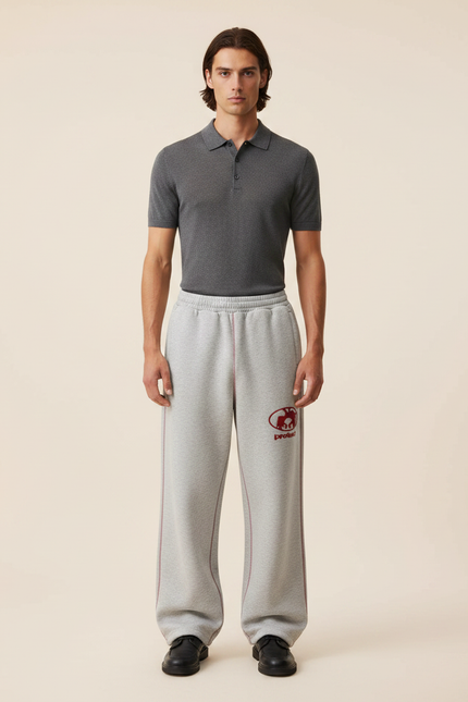 Pantalon Gris Ample Décontracté Brodé Confortable Jogging - Molleton