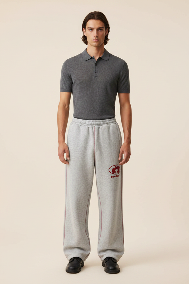 Pantalon Gris Ample Décontracté Brodé Confortable Jogging - Molleton