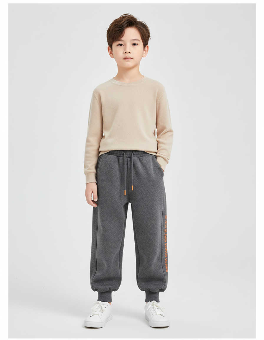Pantalon Gris Molletonné Confortable Imprimé Enfant Sport Cordon
