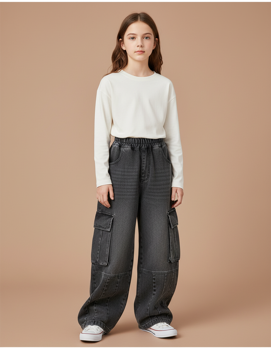 Pantalon Gris Cargo Ample Denim Enfant Décontracté - Jean
