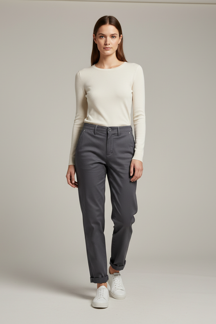 Pantalon Gris Coton Décontracté Droit Femme Confortable - Gabardine