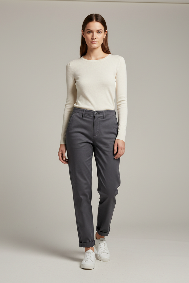 Pantalon Gris Coton Décontracté Droit Femme Confortable - Gabardine