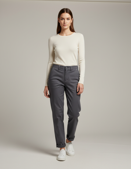Pantalon Gris Coton Décontracté Droit Femme Confortable - Gabardine